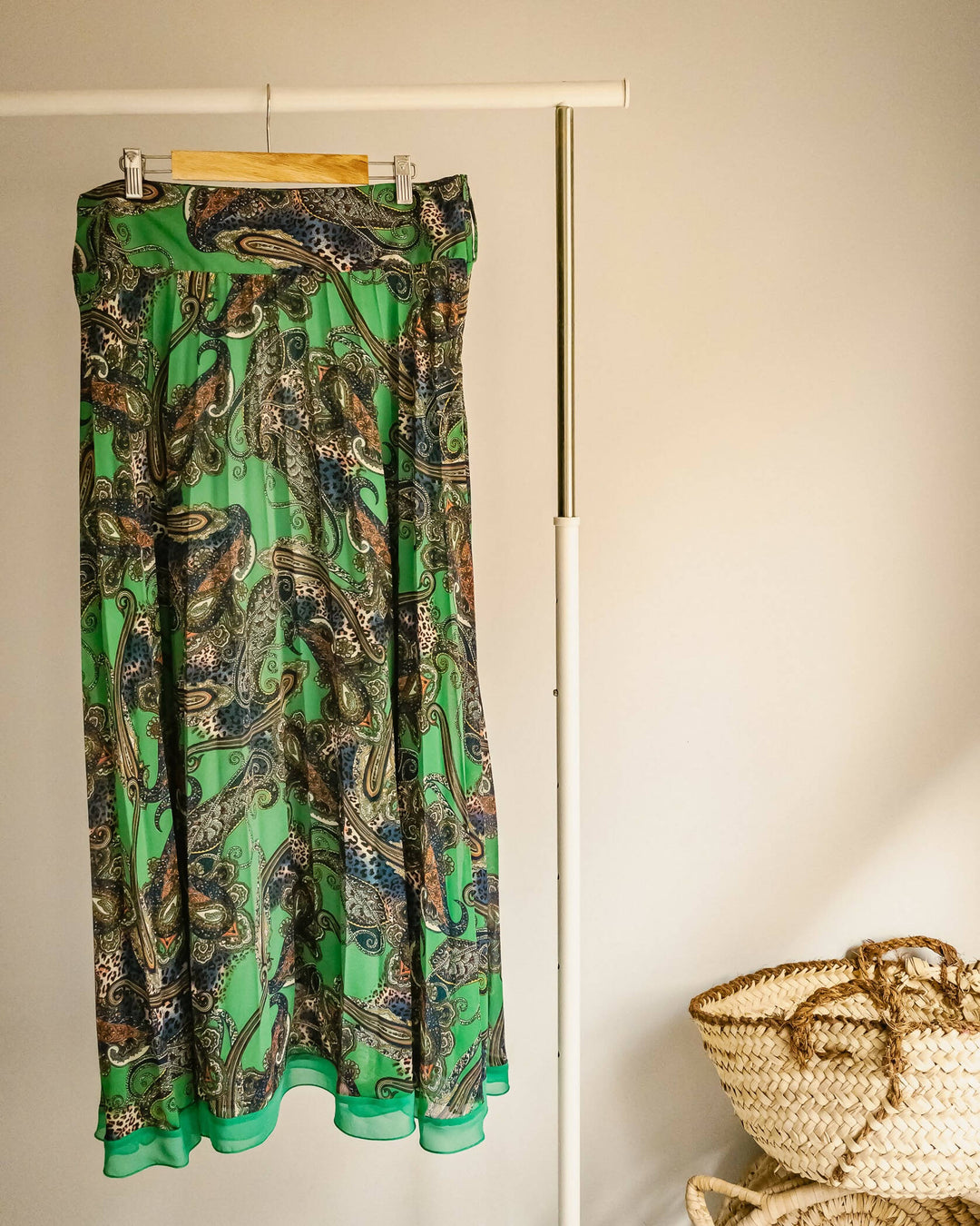 Patchwork Green Pleated Maxi Skirt Size: L