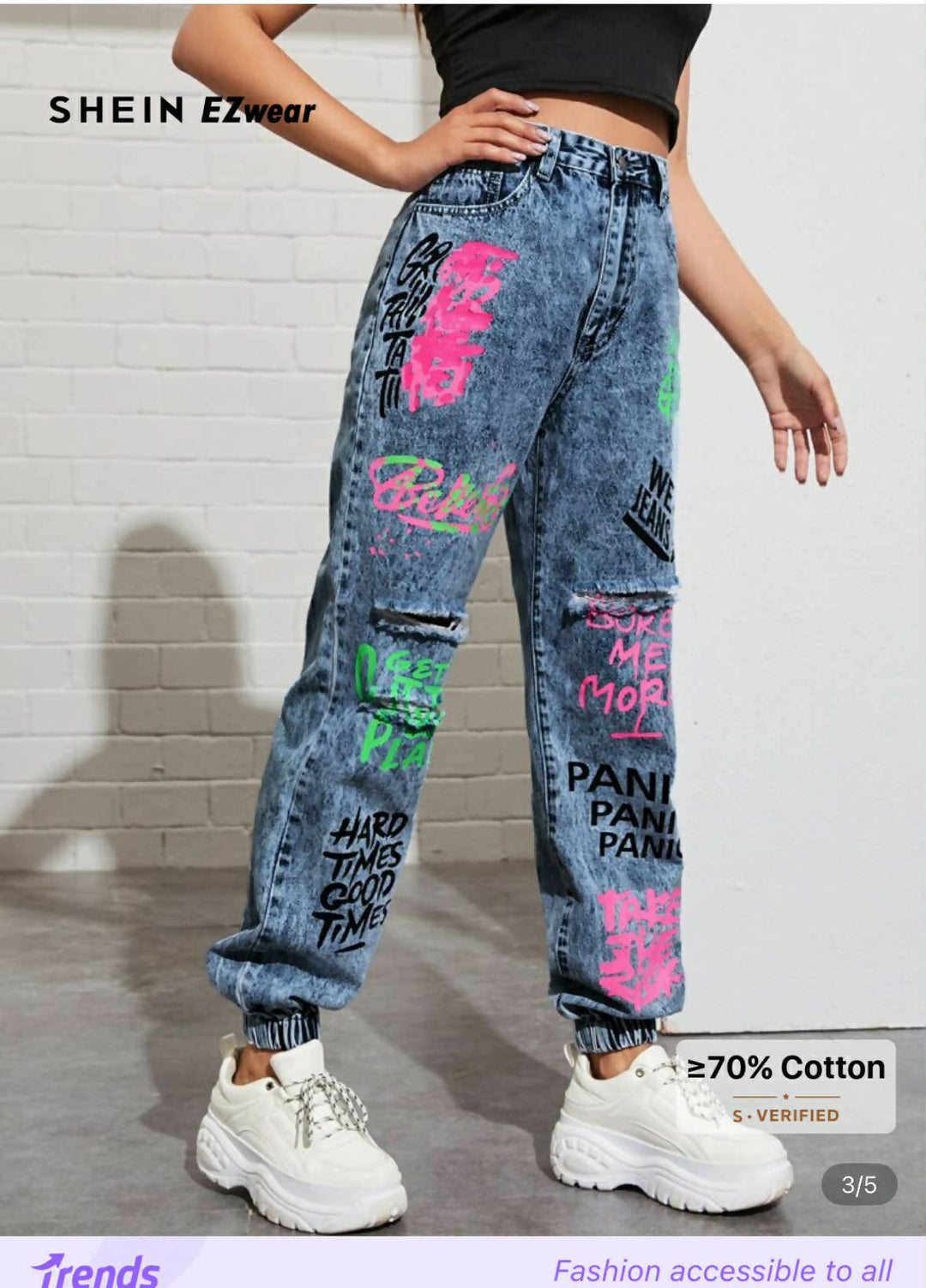 SHEIN EZwear High Waisted Slogan Graphic Ripped Detail Jeans