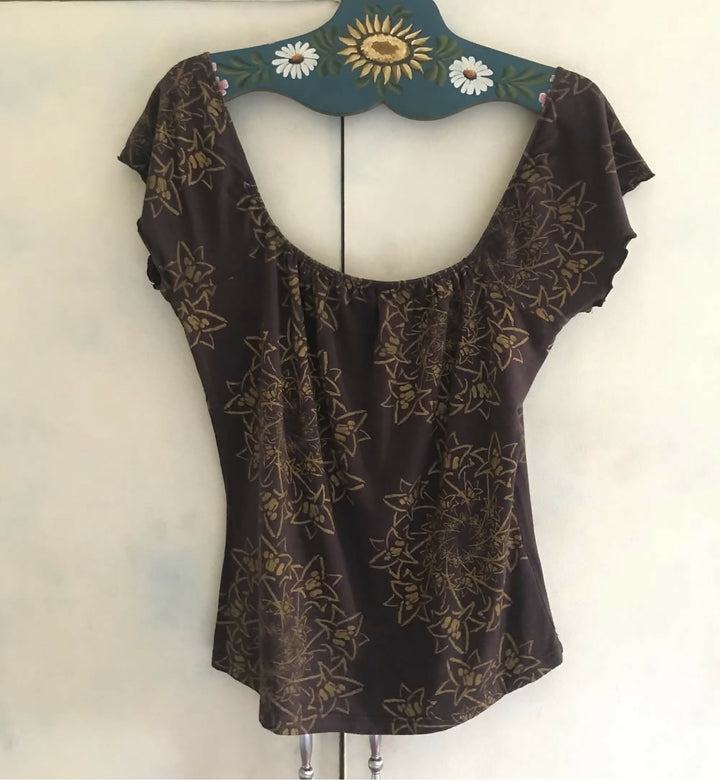 Silk & Gold TOP -Mocca Brown with Gold Print
