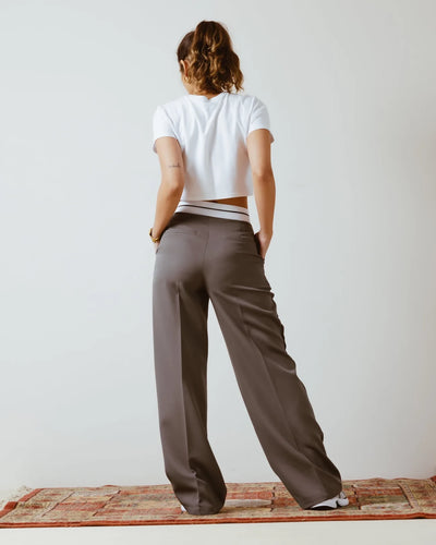 Tailored pants with turn-down waist Grey-white