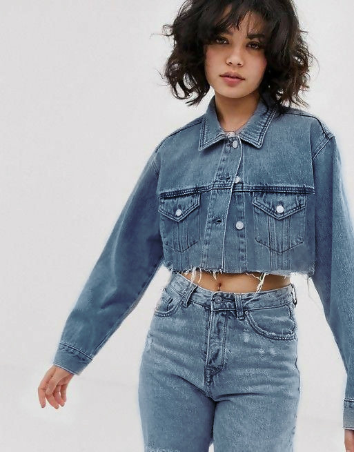 Pull&Bear Cropped Frayed Denim Jacket