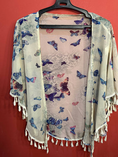 SHEIN Butterfly Print Fringe Kimono Freesize