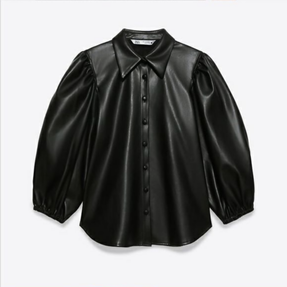 Zara Black Leather Blouse with Puffy Sleeves