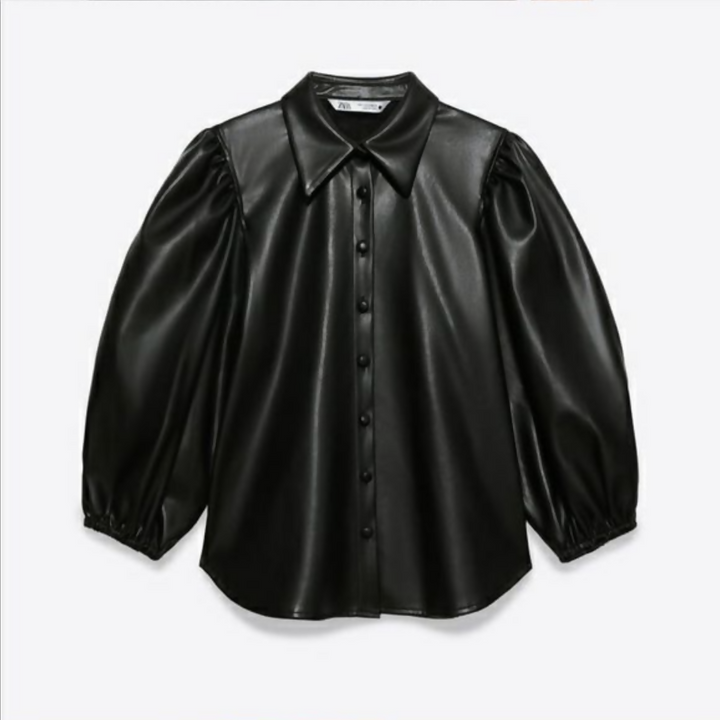 Zara Black Leather Blouse with Puffy Sleeves