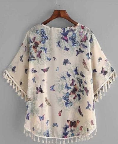 SHEIN Butterfly Print Fringe Kimono Freesize