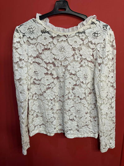 SHEIN Frill Trim White Lace Blouse Size: M