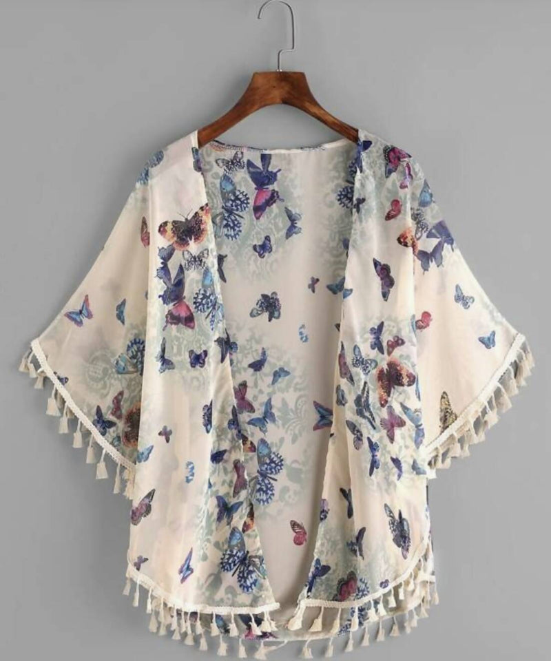 SHEIN Butterfly Print Fringe Kimono Freesize