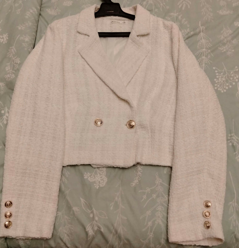 ASCIA Cropped Textured Weave Blazer - Offwhite Size: XL