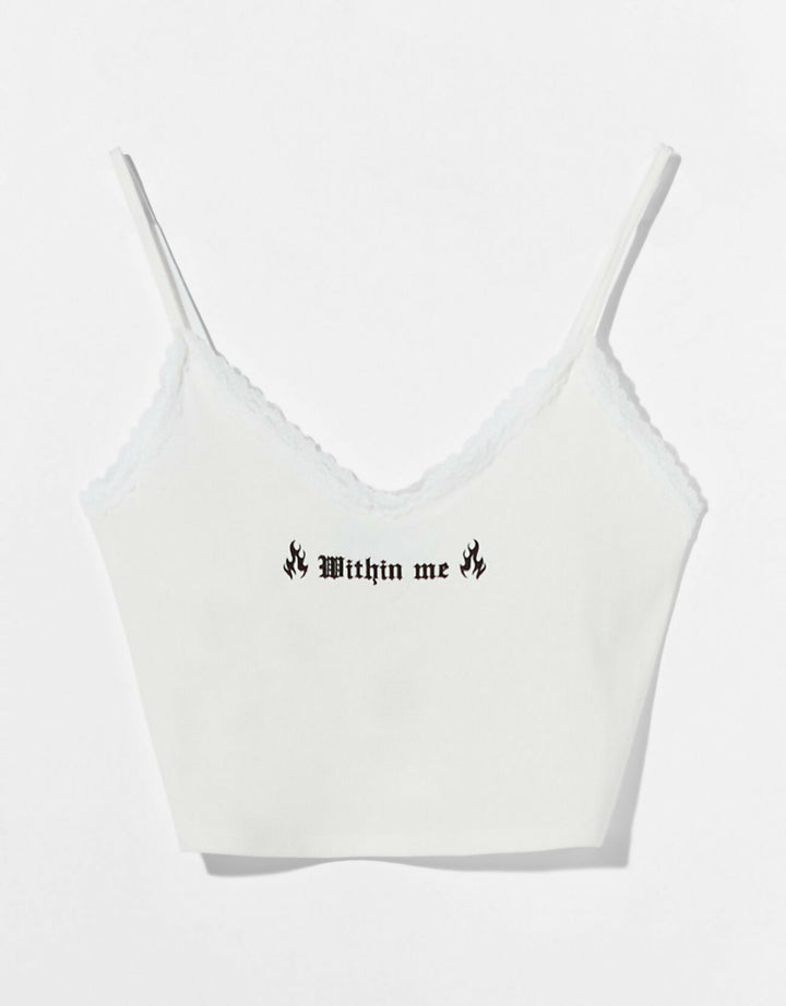 Bershka White Strap Crop Top with Lace