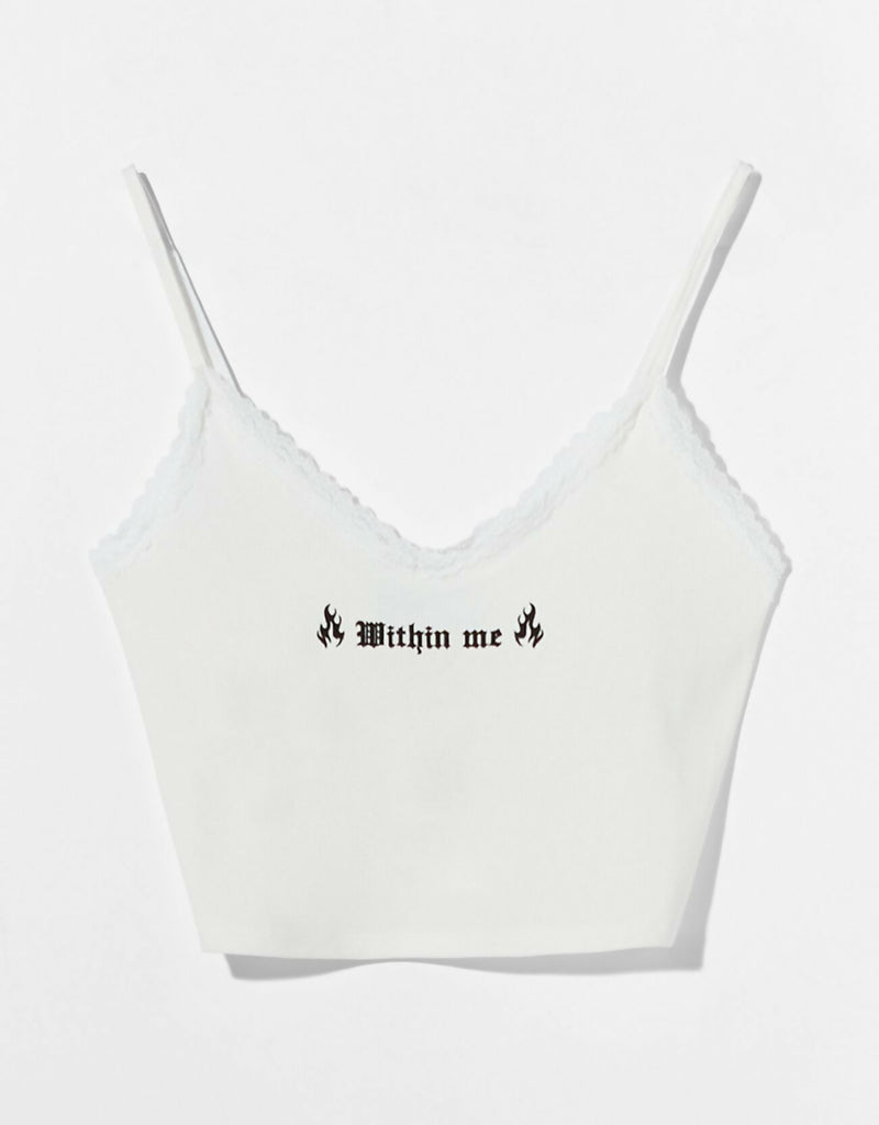 Bershka White Strap Crop Top with Lace