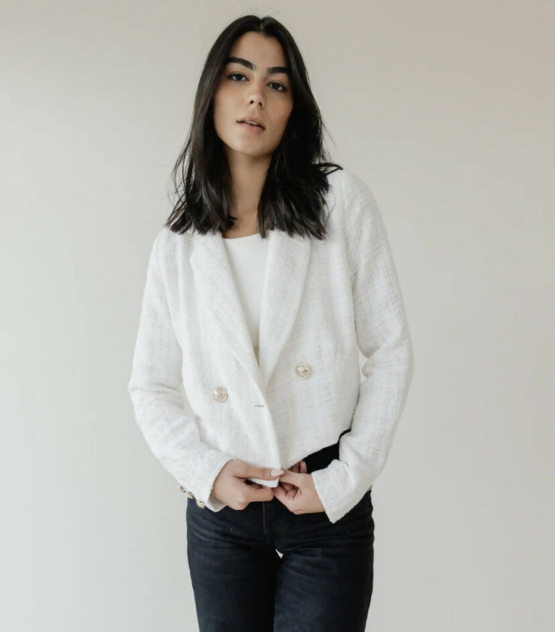 ASCIA Cropped Textured Weave Blazer - Offwhite Size: XL