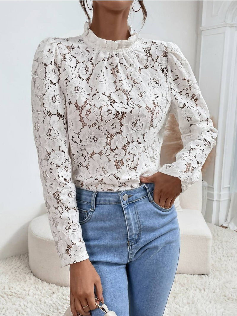 SHEIN Frill Trim White Lace Blouse Size: M