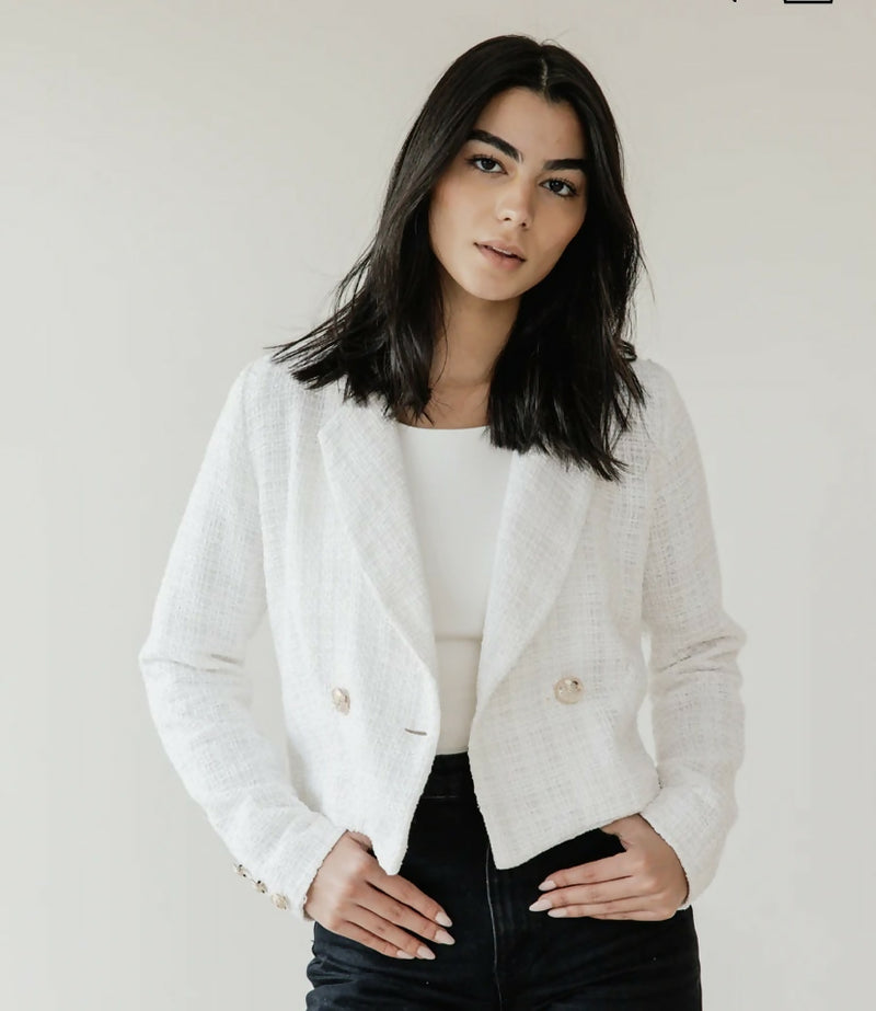 ASCIA Cropped Textured Weave Blazer - Offwhite Size: XL