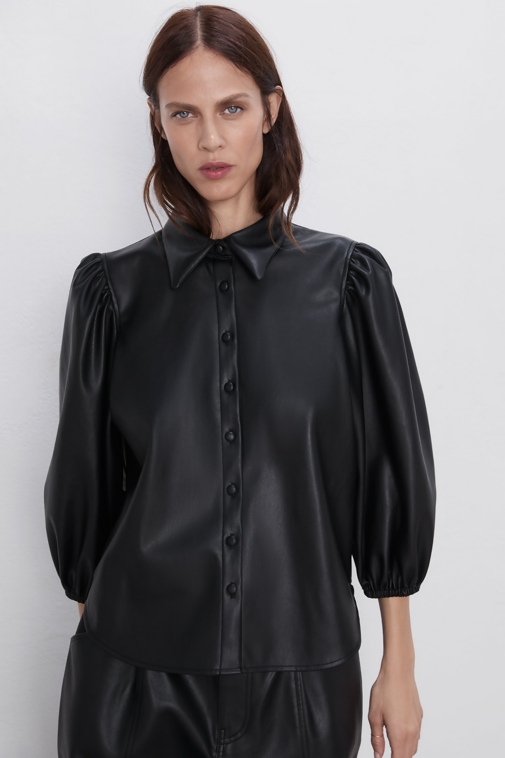Zara Black Leather Blouse with Puffy Sleeves