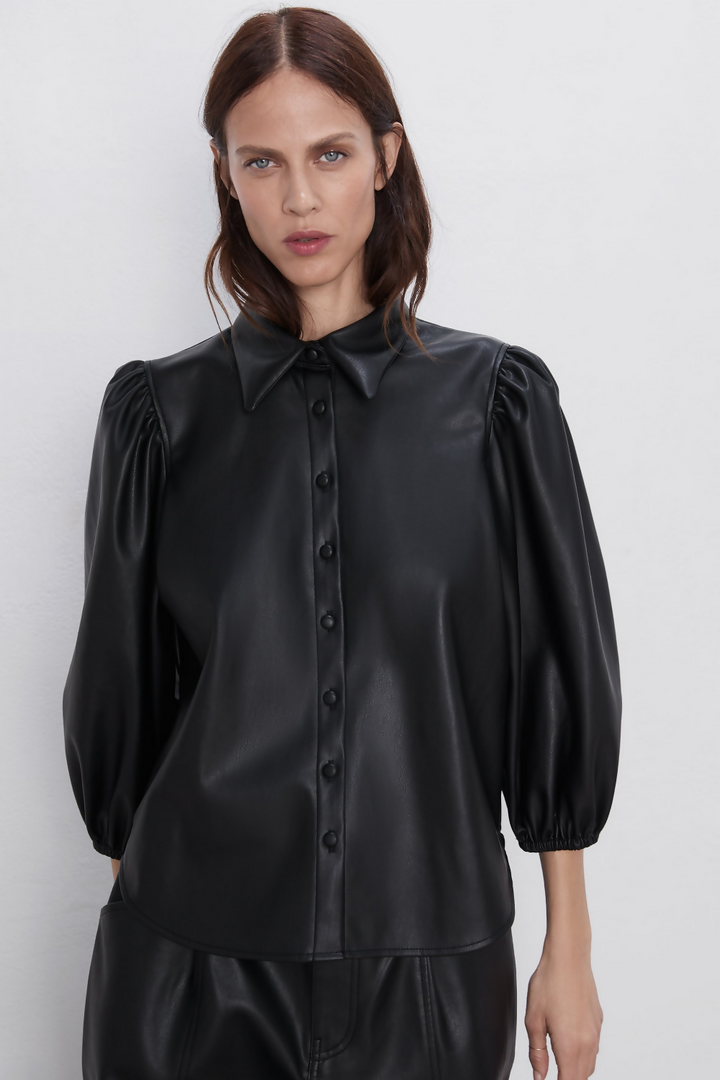 Zara Black Leather Blouse with Puffy Sleeves
