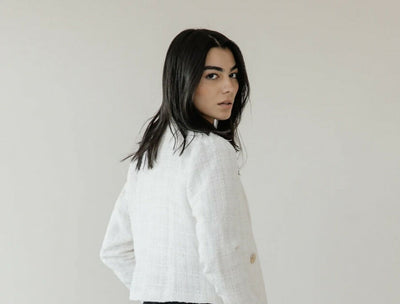 ASCIA Cropped Textured Weave Blazer - Offwhite Size: XL