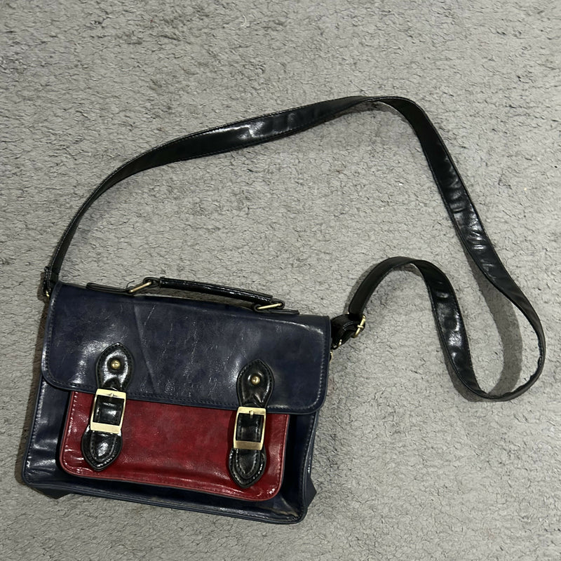 Vintage Dark Blue and Red Leather Cross Bag