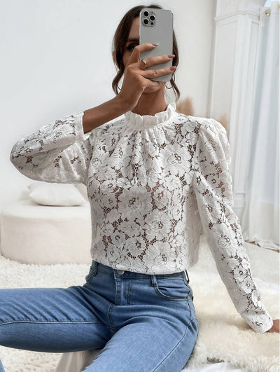 SHEIN Frill Trim White Lace Blouse Size: M