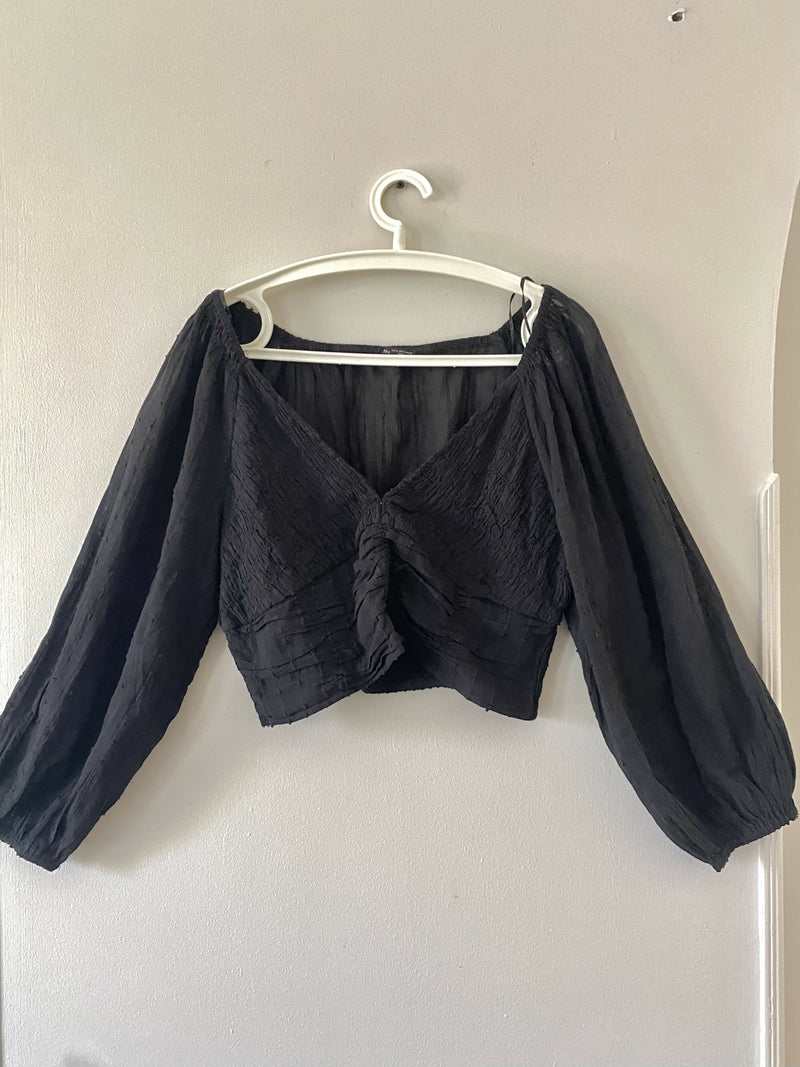 Bershka Linen Black Cropped Top Size: L/XL