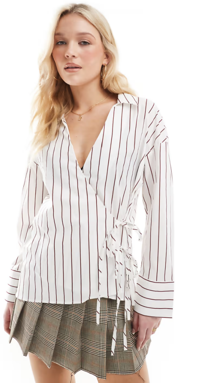 ONLY Tie Detail Shirt in White and Burgundy Stripes EU 38