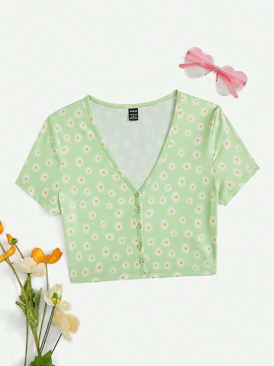 SHEIN Green Floral Top Size: M