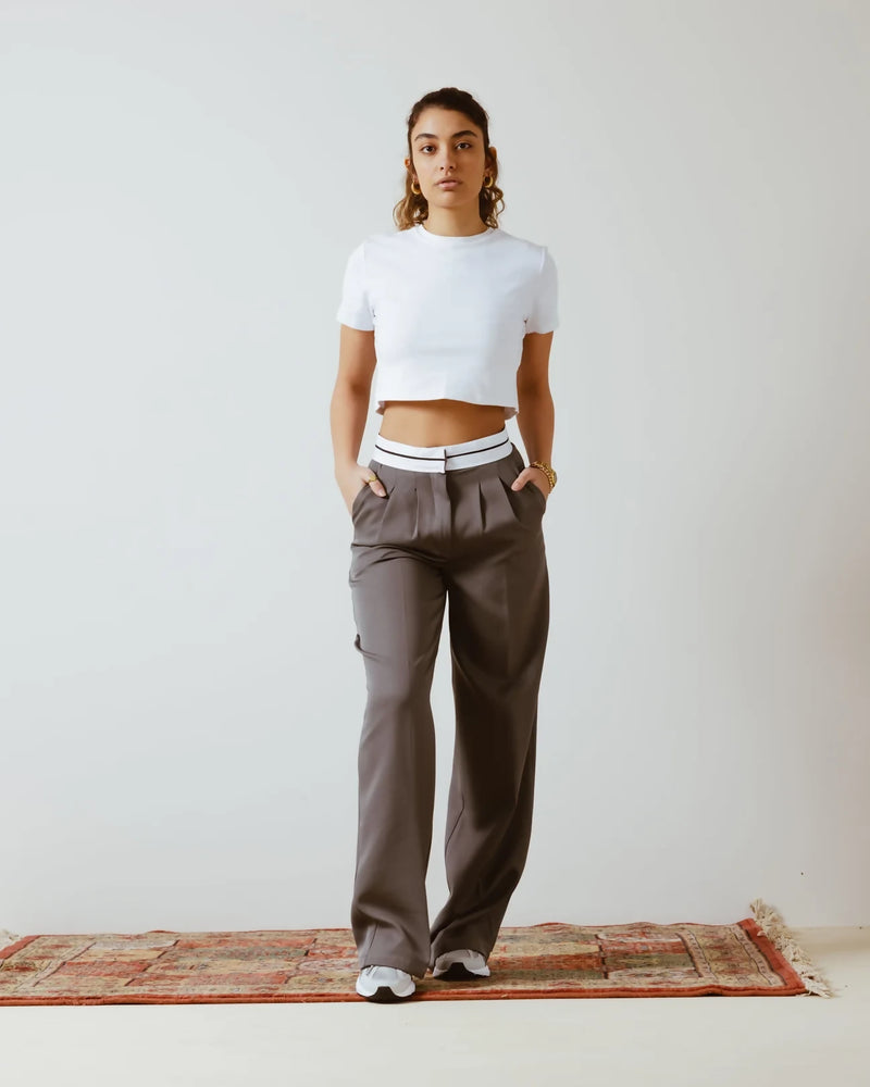 Tailored pants with turn-down waist Grey-white