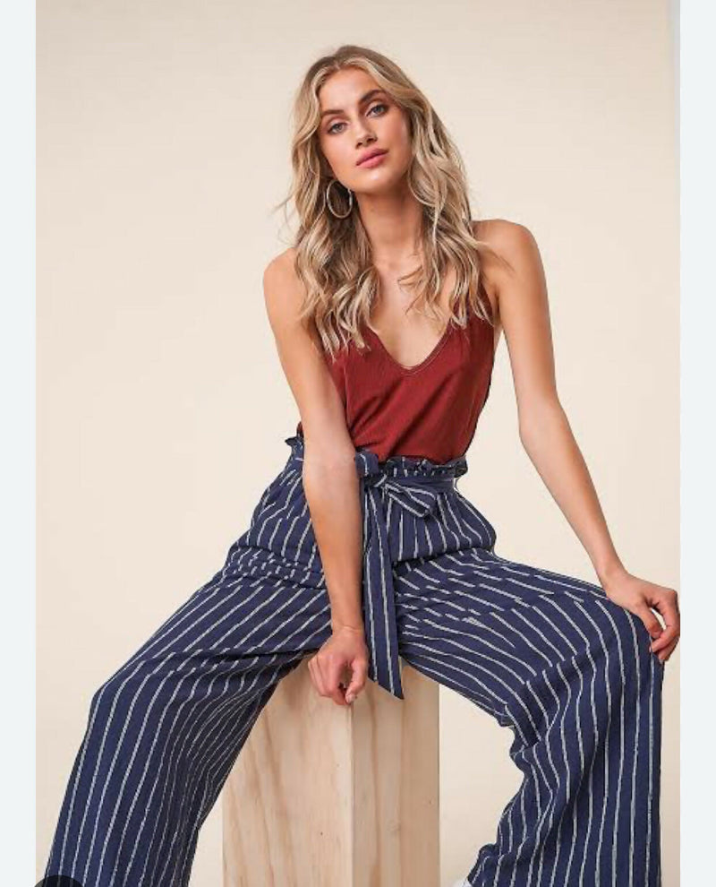 Striped Wide Leg Paper Bag Pants Size: S