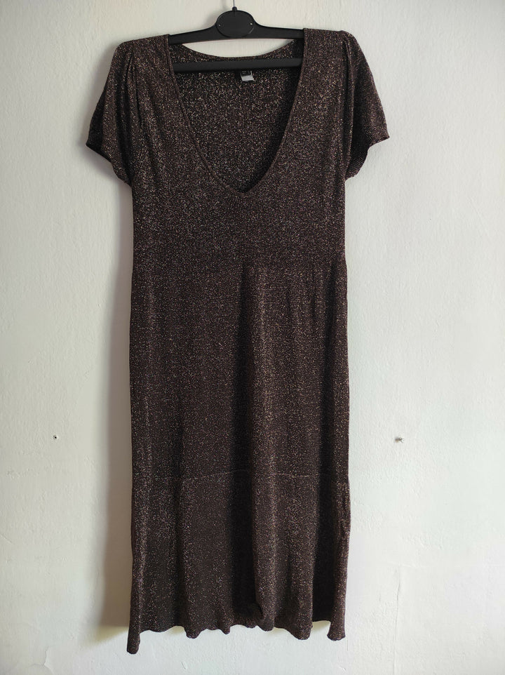 Shimmery Dark Brown Short-Sleeve Midi Dress - MNG SUIT