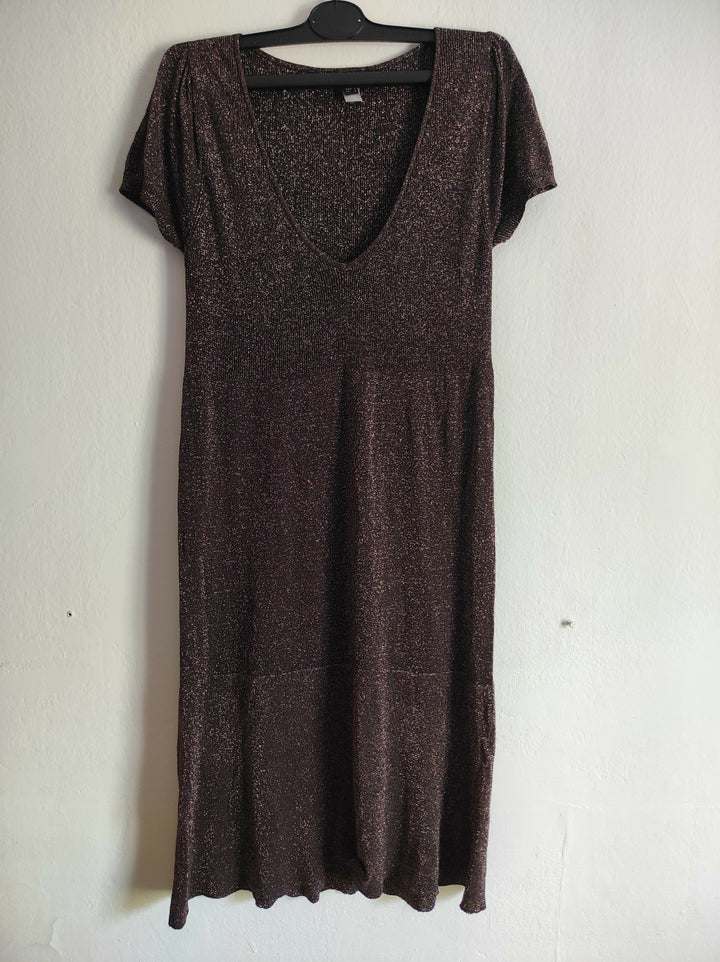 Shimmery Dark Brown Short-Sleeve Midi Dress - MNG SUIT