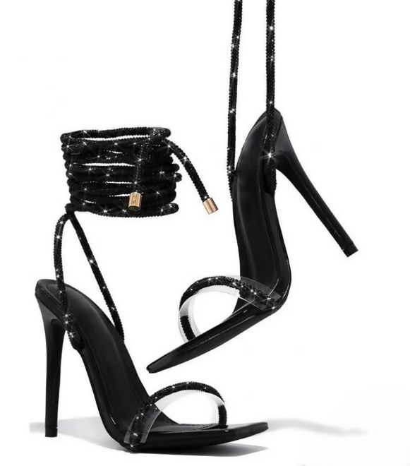 Elegant Lace Up Black Glitter Stiletto Open Toed Heels Size :38