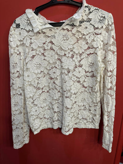 SHEIN Frill Trim White Lace Blouse Size: M