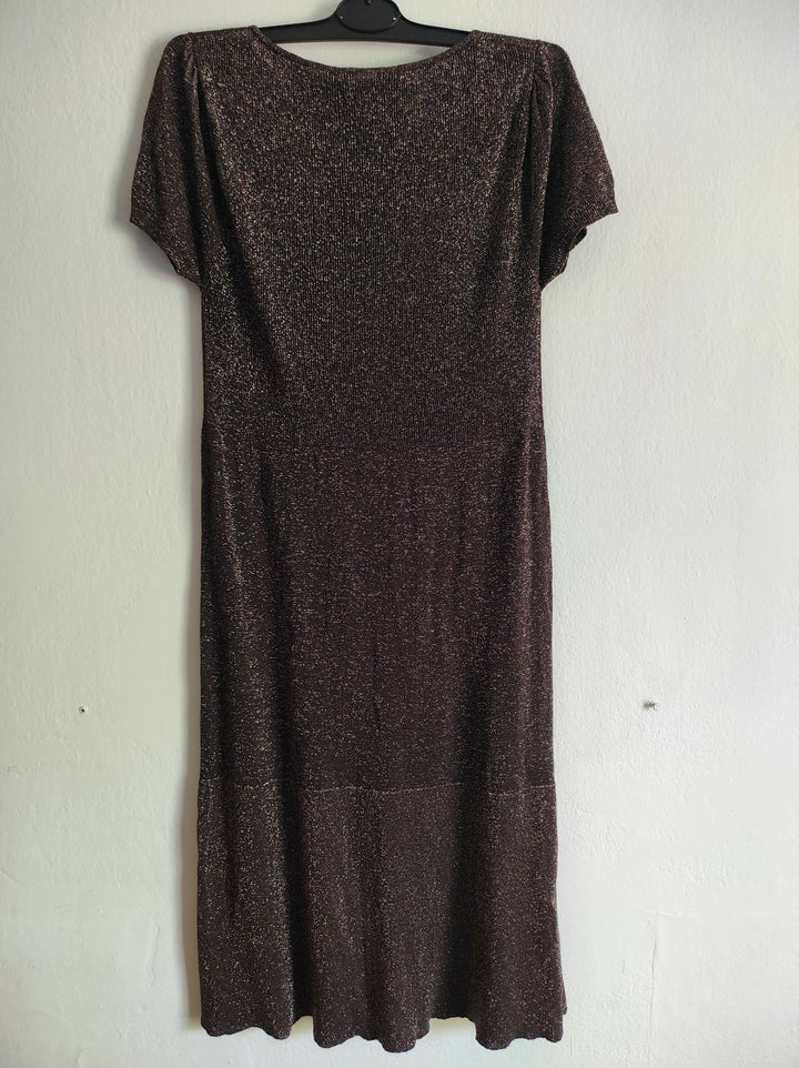 Shimmery Dark Brown Short-Sleeve Midi Dress - MNG SUIT