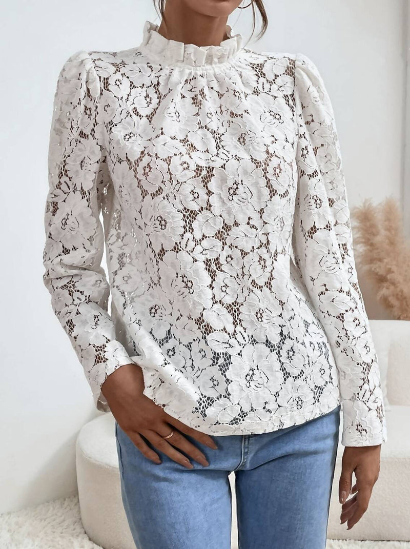 SHEIN Frill Trim White Lace Blouse Size: M