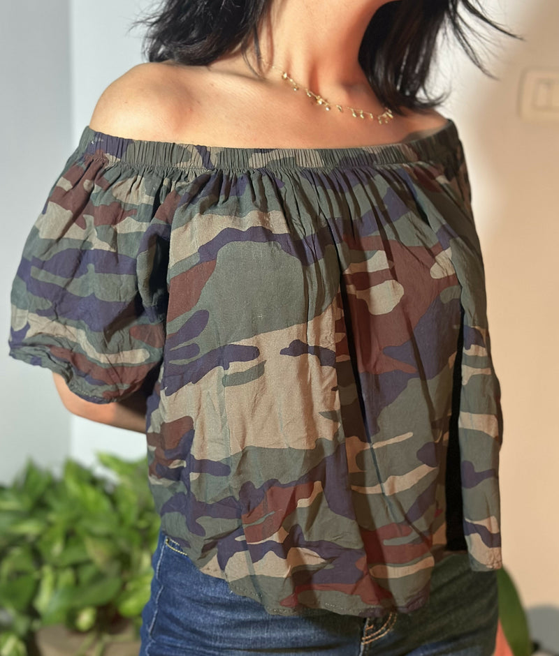 Army Print Off Shoulder Top Size: S/M