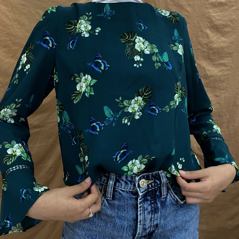 Oasis Green Floral Blouse Size: M