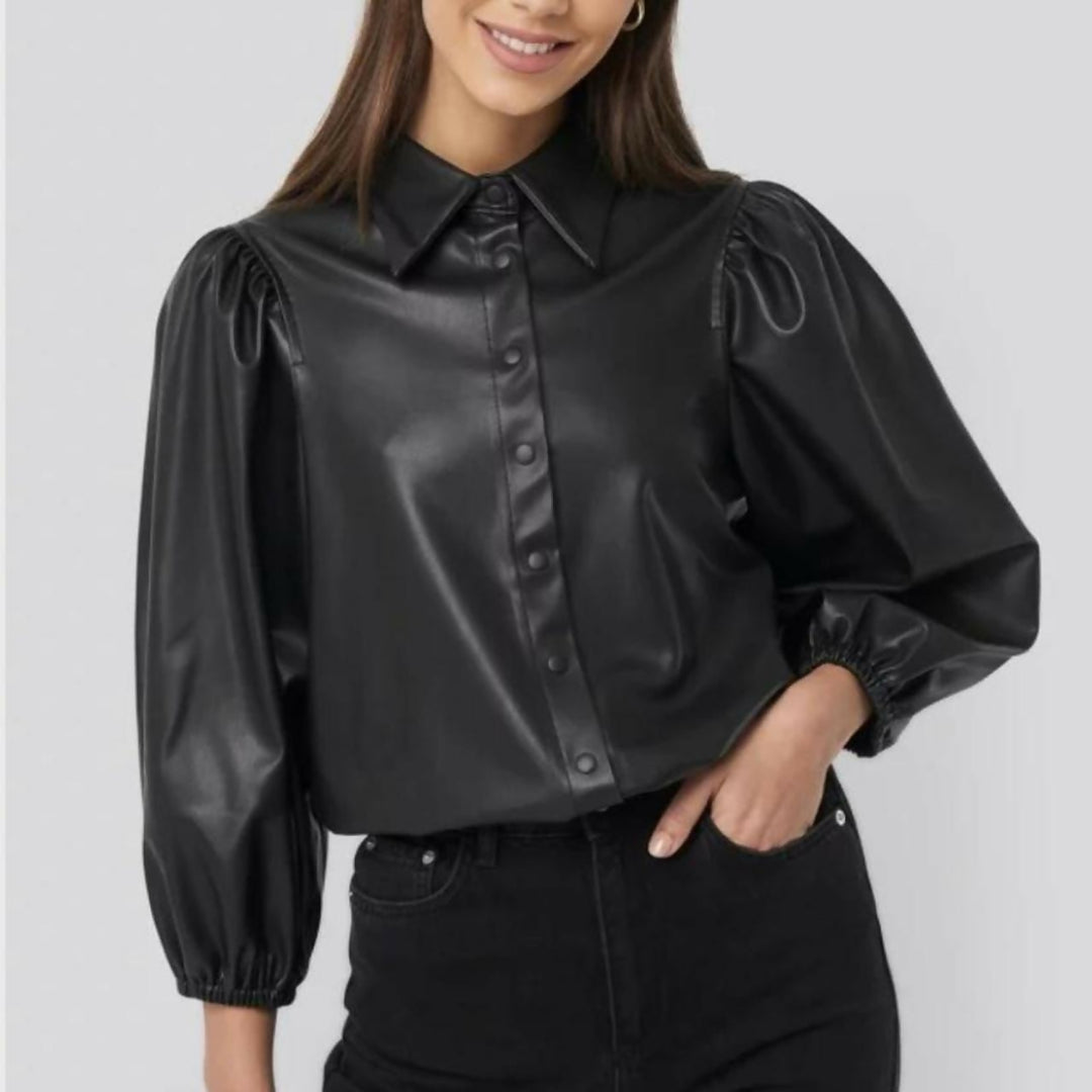Zara Black Leather Blouse with Puffy Sleeves