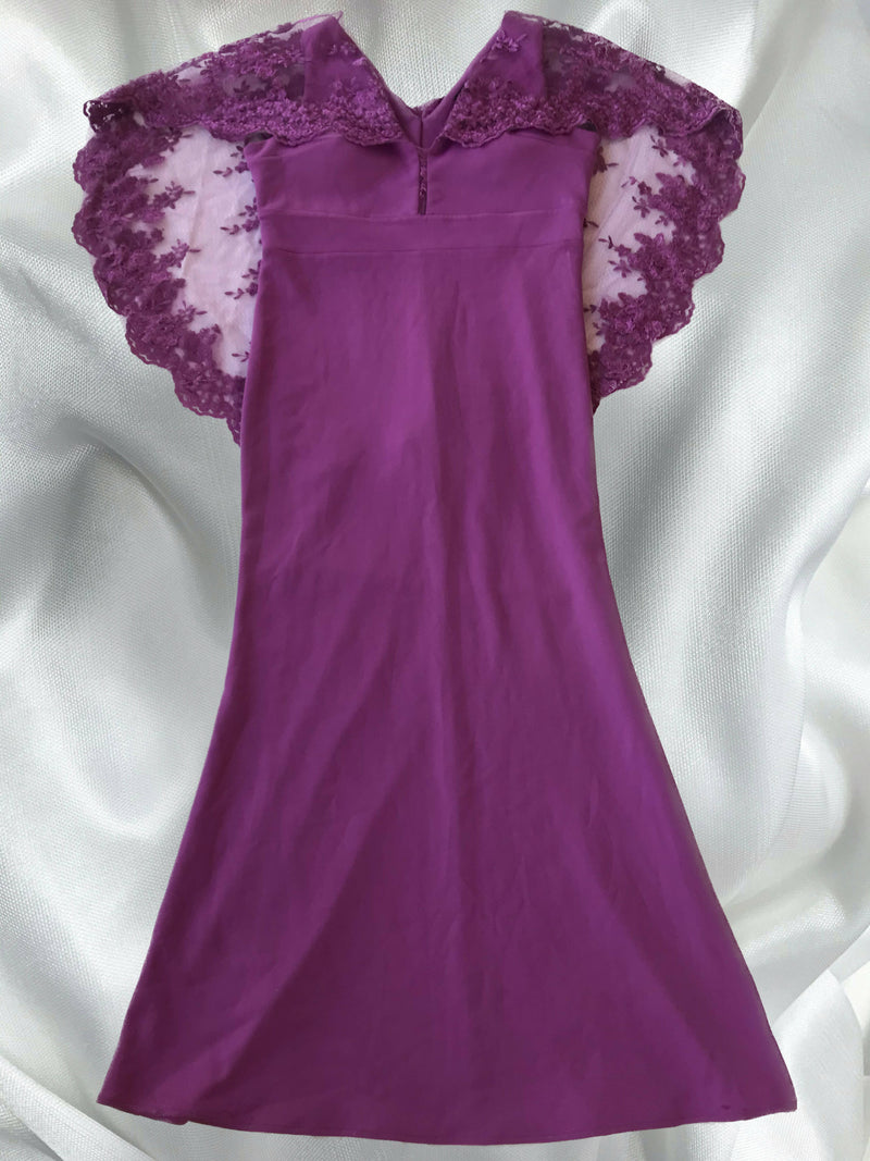 In, LOOK Lilac Gown with draped lace cape shoulders design