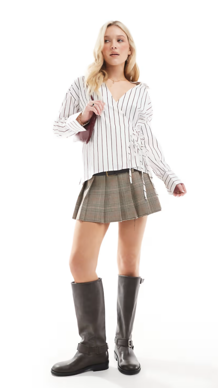 ONLY Tie Detail Shirt in White and Burgundy Stripes EU 38