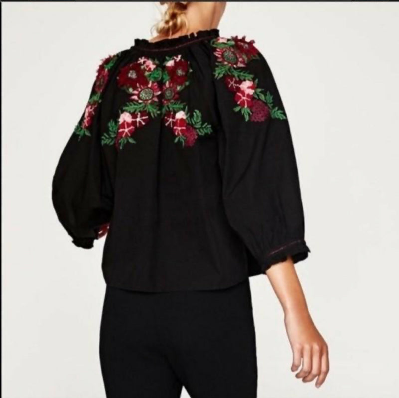 Zara Embroidery Black Blouse Size S