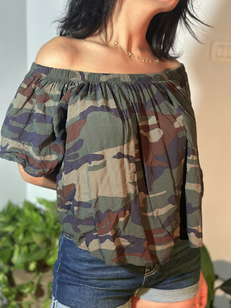 Army Print Off Shoulder Top Size: S/M