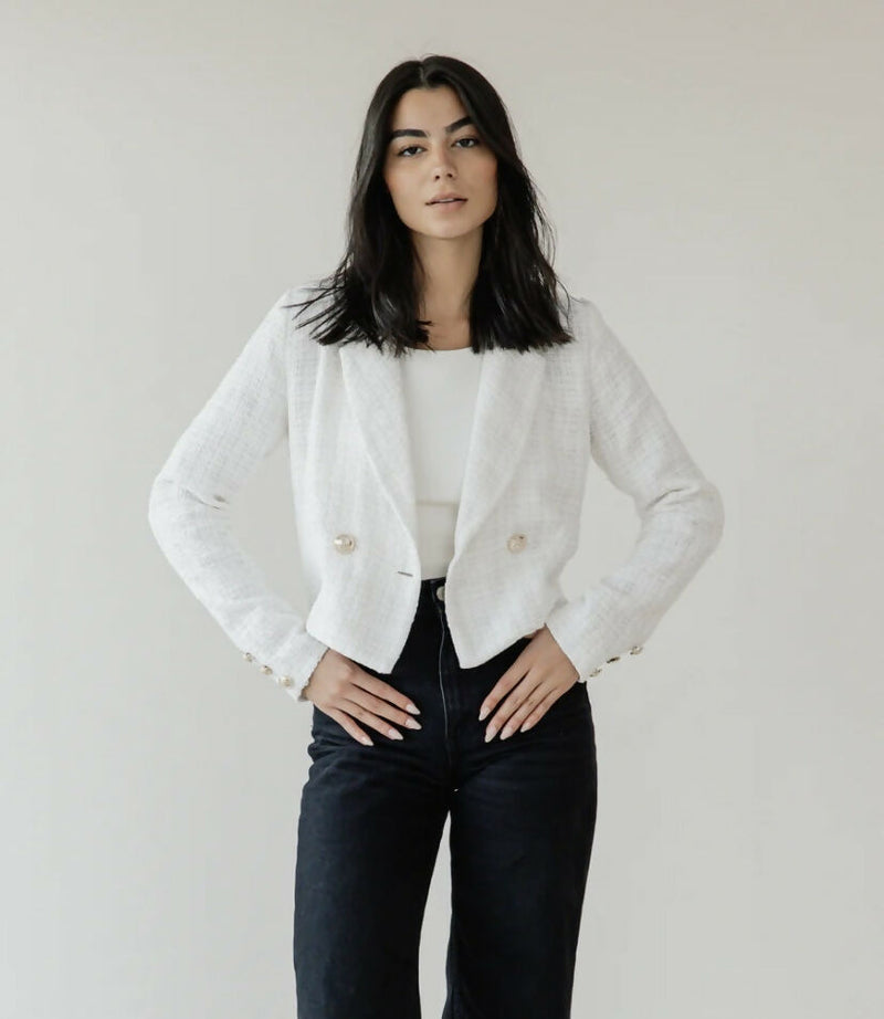 ASCIA Cropped Textured Weave Blazer - Offwhite Size: XL