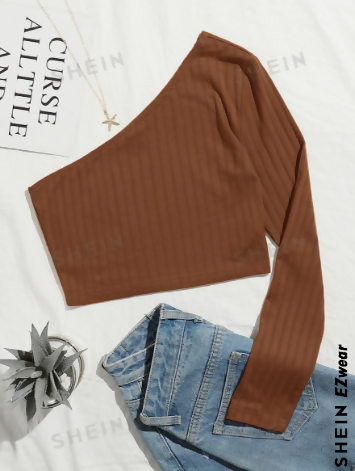 One Shoulder Ribbed Brown Cropped Top Size: S