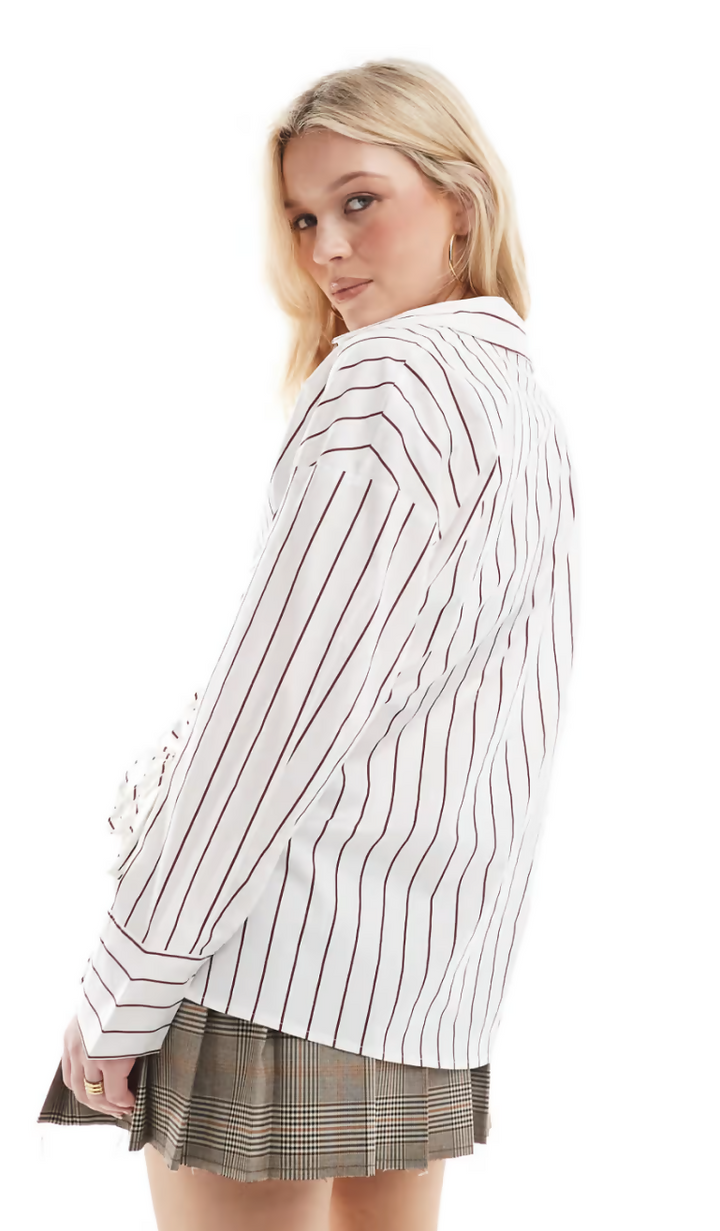 ONLY Tie Detail Shirt in White and Burgundy Stripes EU 38