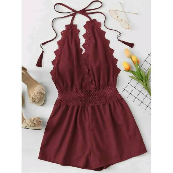 Lace Open-Back Tassel Halter Romper in Red Size: S