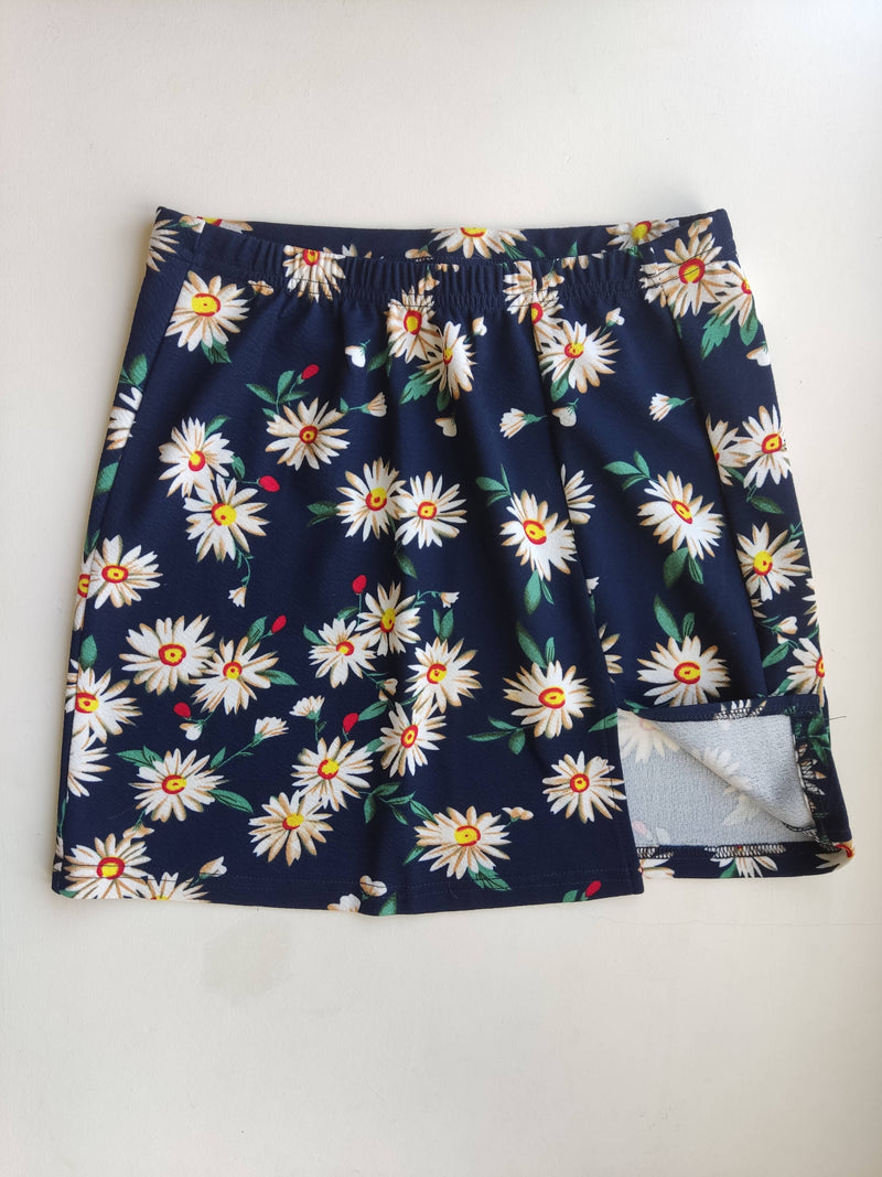 SHEIN Split Hem Daisy Floral Skirt Navy Blue / M