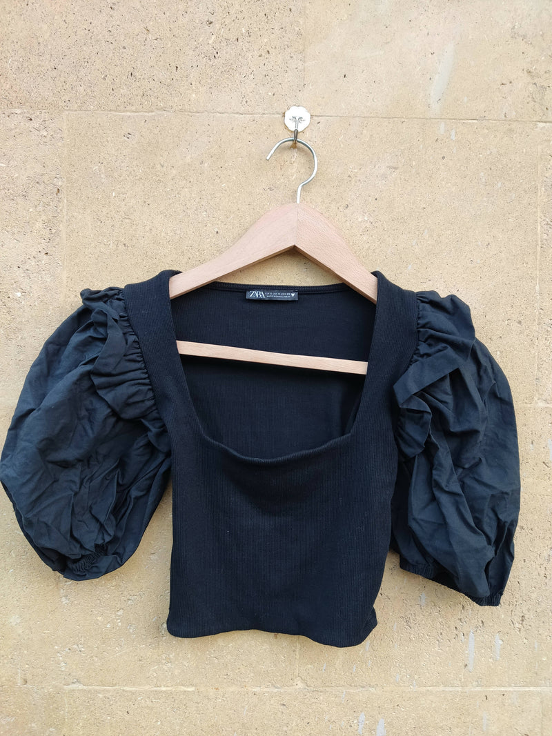 Zara Black Cropped Top Ruffled Shoulders Small