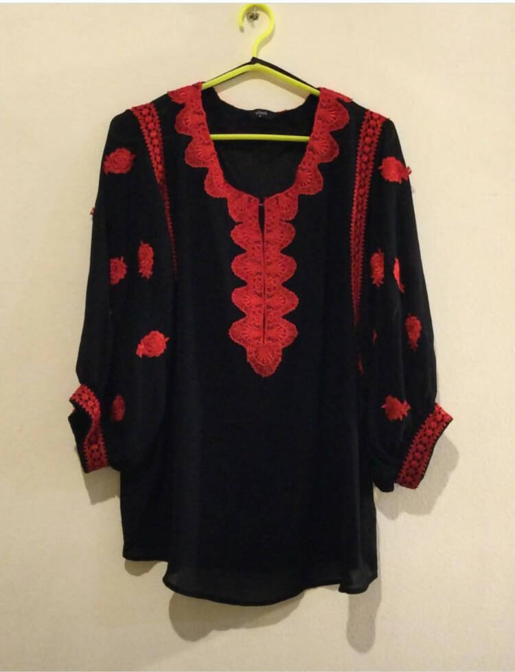 Splash Black Blouse with Red Embroidery Size L