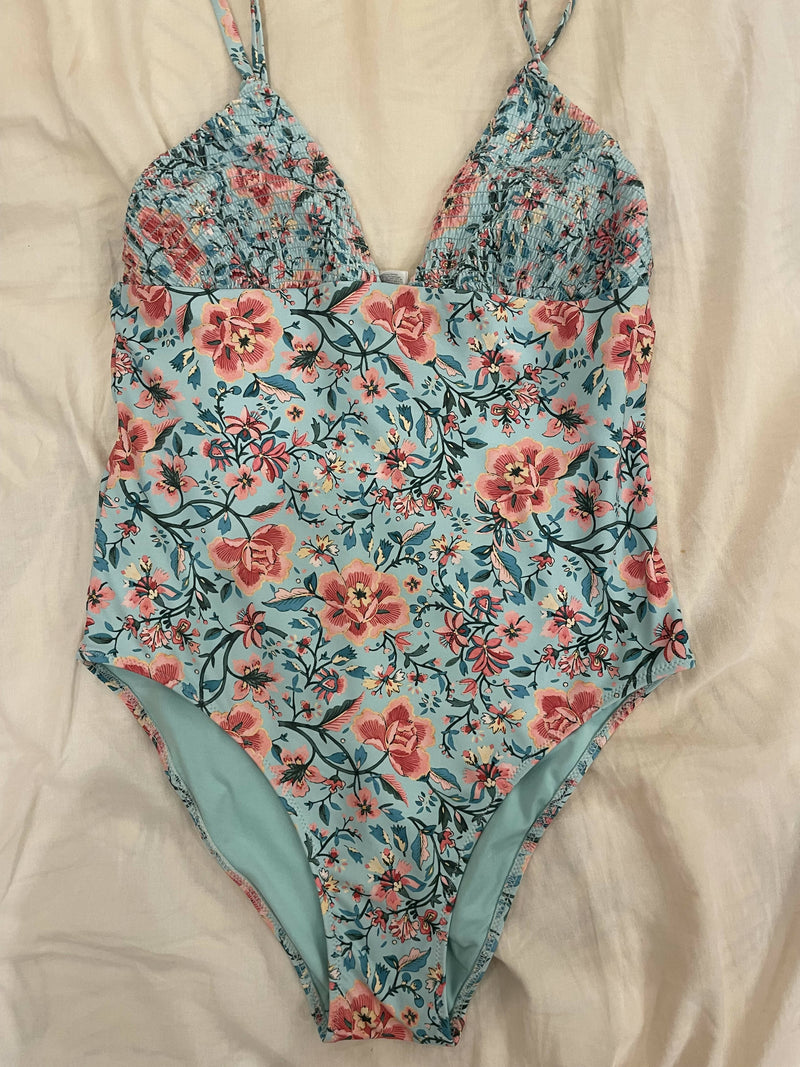 Floral baby blue one piece swimsuit