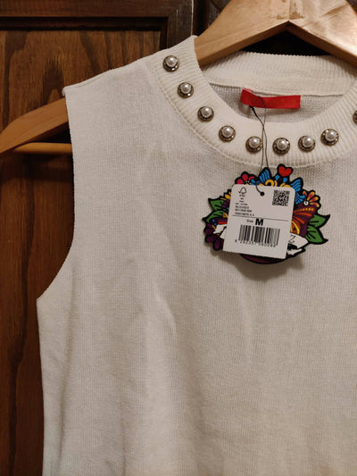 NEW Splash Fine Knit Cream Vest Blouse w/ Pearls Size:M