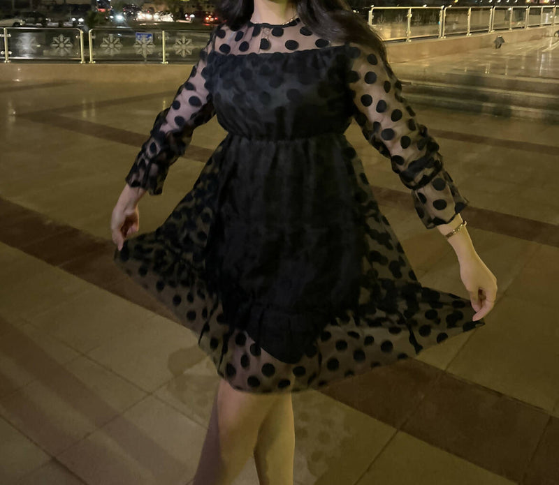 Black Dotted Dress with Mesh layer and full sleeves